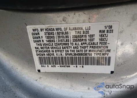 2008 Honda Odyssey Ex z USA, uszkodzony, nr VIN 5FNRL38458B036769